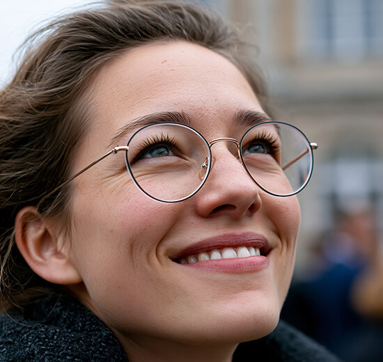 Eine Frau mit einer Brille schaut in die Ferne
