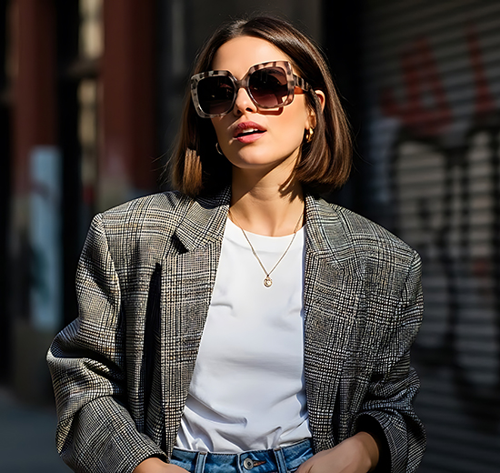 Eine Frau trägt eine Sonnenbrille
