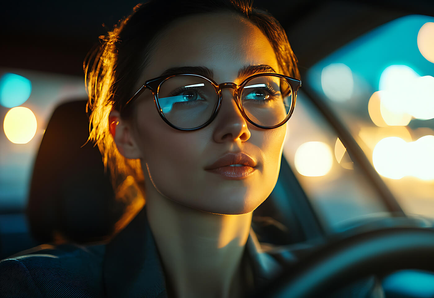 Frau trägt eine Brille im Auto